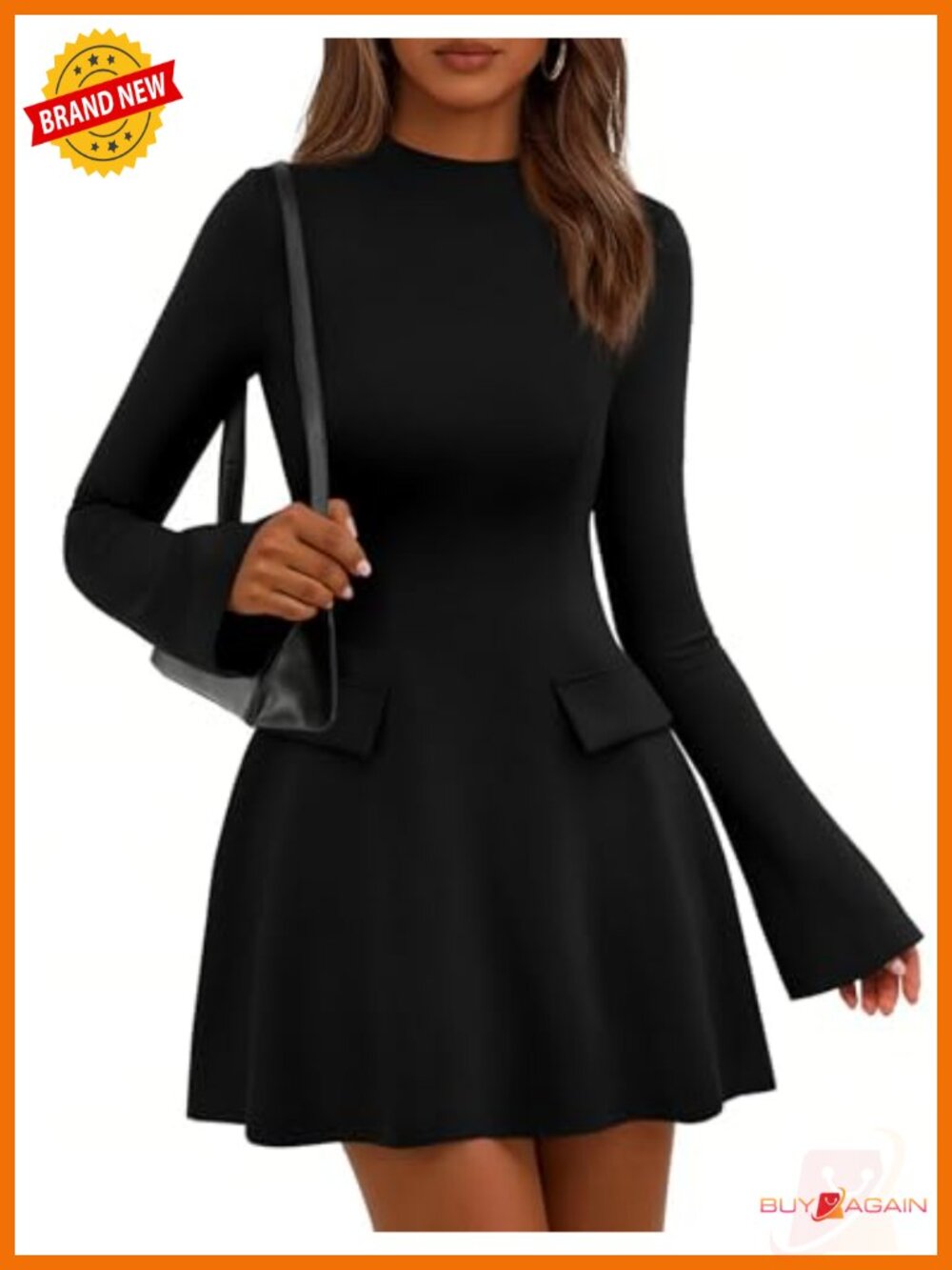 Bell Sleeve Bodycon Mini Dress Mock Neck Stretch Party Club Night Out